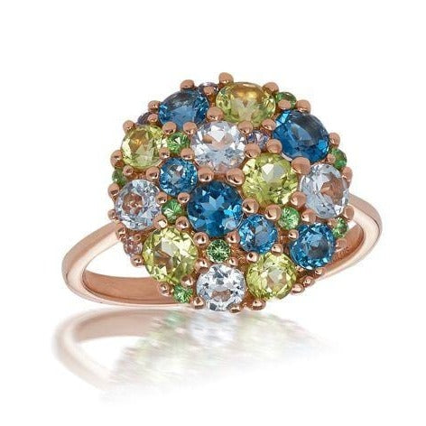 18ct Rose Gold Peridot, Sapphire, Tsavorite and Treated Blue Topaz Cocktail Ring